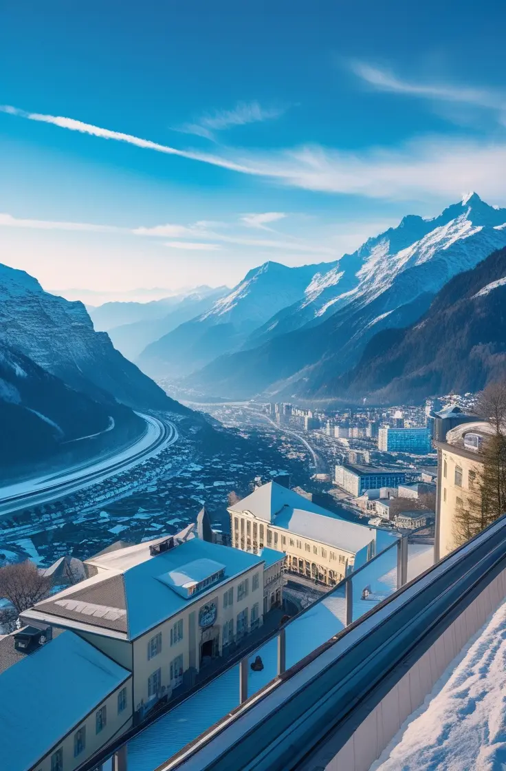 Davos town with snowy mountains, ski resorts, and alpine landscape with comfort transfers