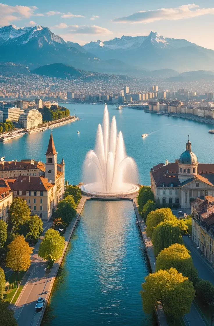 Jet d’Eau on Lake Geneva with historic cityscape - Comfort Transfers.