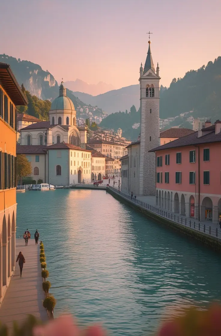 Lakeside view of Lugano at sunset with vibrant buildings and promenade - travel with Comfort Transfers.