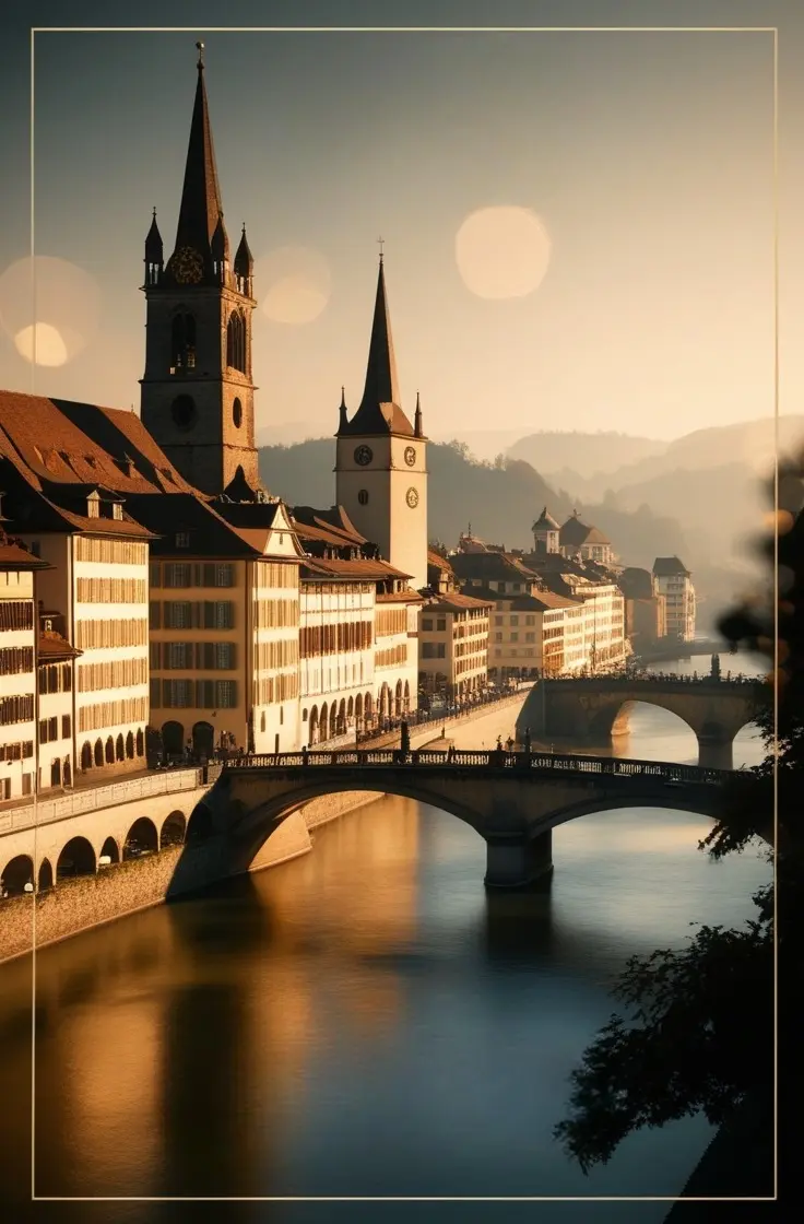 Scenic view of Basel's Old Town and Rhine River at dusk - explore with Comfort Transfers