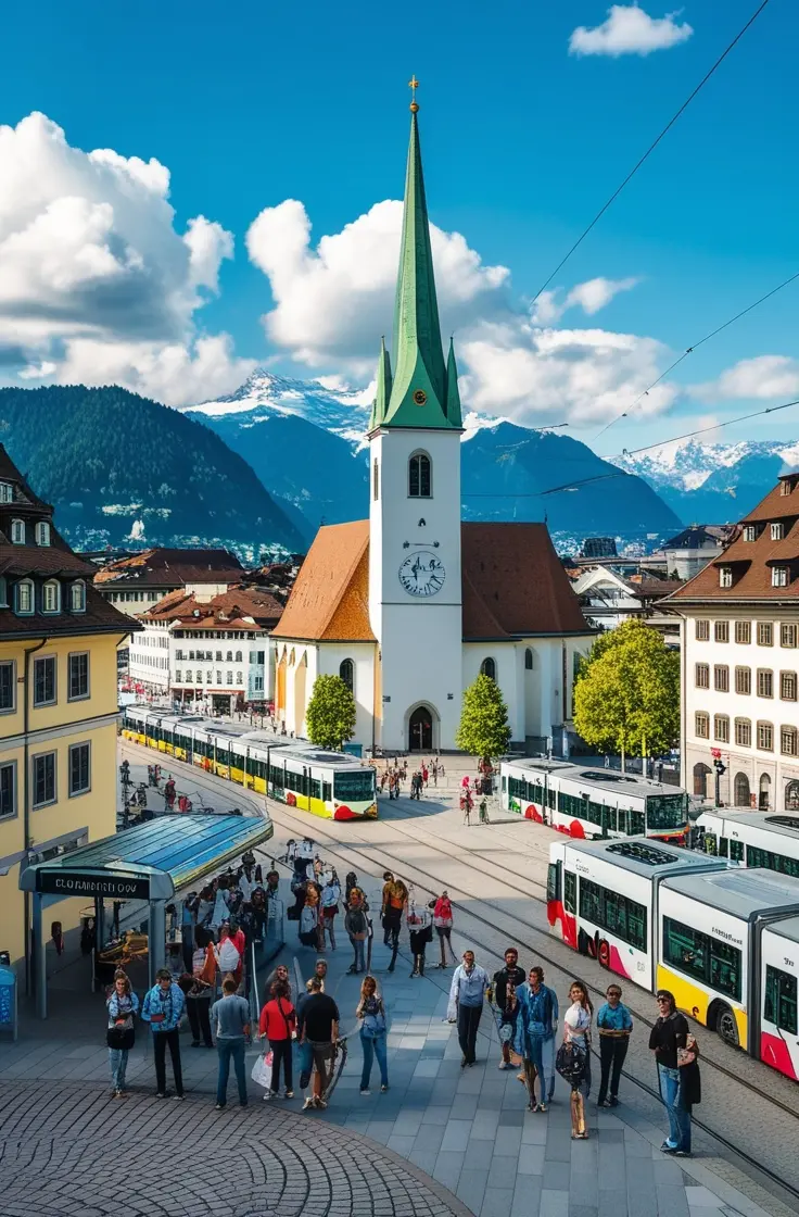 Comfort transfers Zurich city center with trams, church, and pedestrians